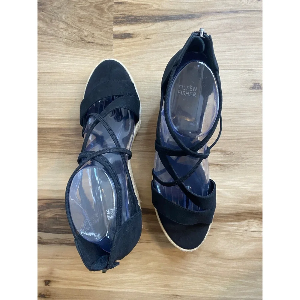 Eileen Fisher Wanda Black Nubuck Espadrille Wedge Sandals Womens 10 WANDA-NB